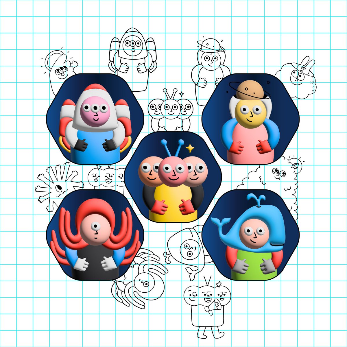 uuendylau's tweet photo. 1/3: More behind-the-scene REVEALED! #Mocas were very different at the beginning of our creative process. Can you connect the dots? 🚀 #Angel had a thumb-up head, 🐳 #NeoCapitalist was a mountain and the biggest among the 5 tribes, and 📺 #Connector was a plant!? https://t.co/9BxlhlxF0d