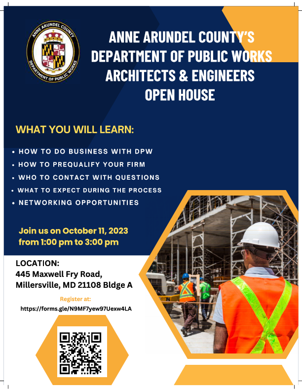 AACOPURCHASING's tweet photo. Anne Arundel County Central Services Purchasing Department and The Department of Public Works are hosting an Architects and Engineers Open House on October 11, 2023 at the DPW headquarters in Millersville, located at 445 Maxwell Fry Road, Building A., from 1:00 pm to 3:00 pm. https://t.co/ZdV45UI9mi