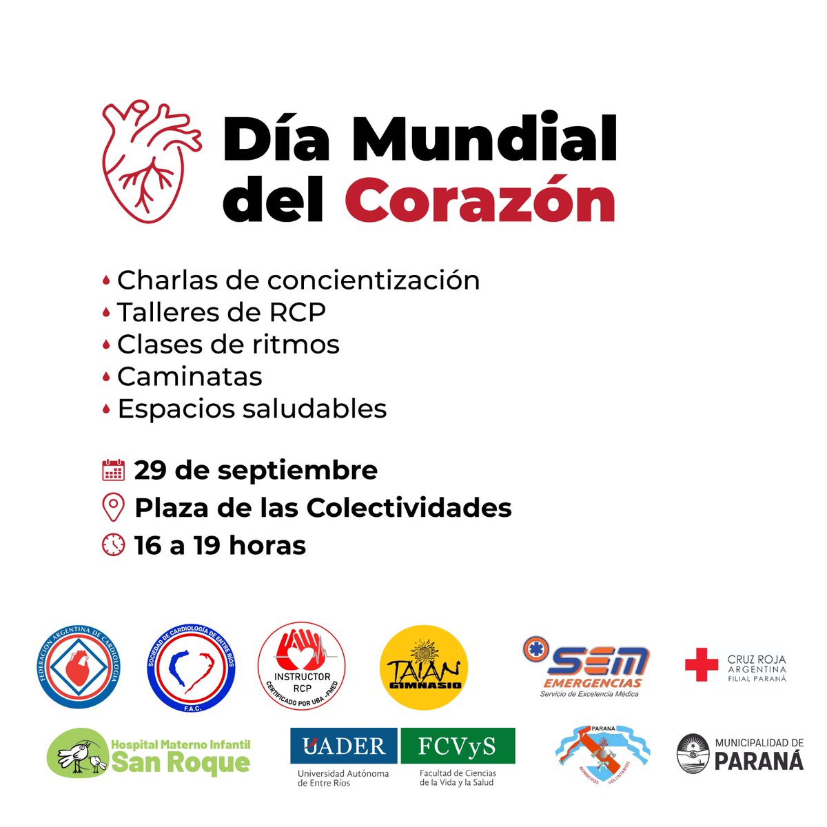 💕  Actividades por el Día Mundial del Corazón

Súmate a la Jornada de Concientización el 29 de septiembre, de 16 a 19hs, en la Plaza de las Colectividades 📍