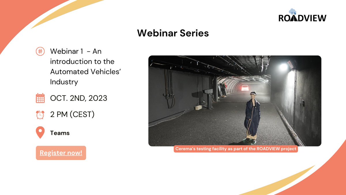 🚨Only a few days left until the ROADVIEW Webinar: “An Introduction to the AV Industry”🚨
🔍Explore Connected and Automated Mobility (#CCAM) with global experts! 📅 Oct 2, 2023 ⏰2-3:30 PM (CEST)
Register now!👇
bit.ly/455Ldsa
#AutomatedDriving #HorizonEurope #EU