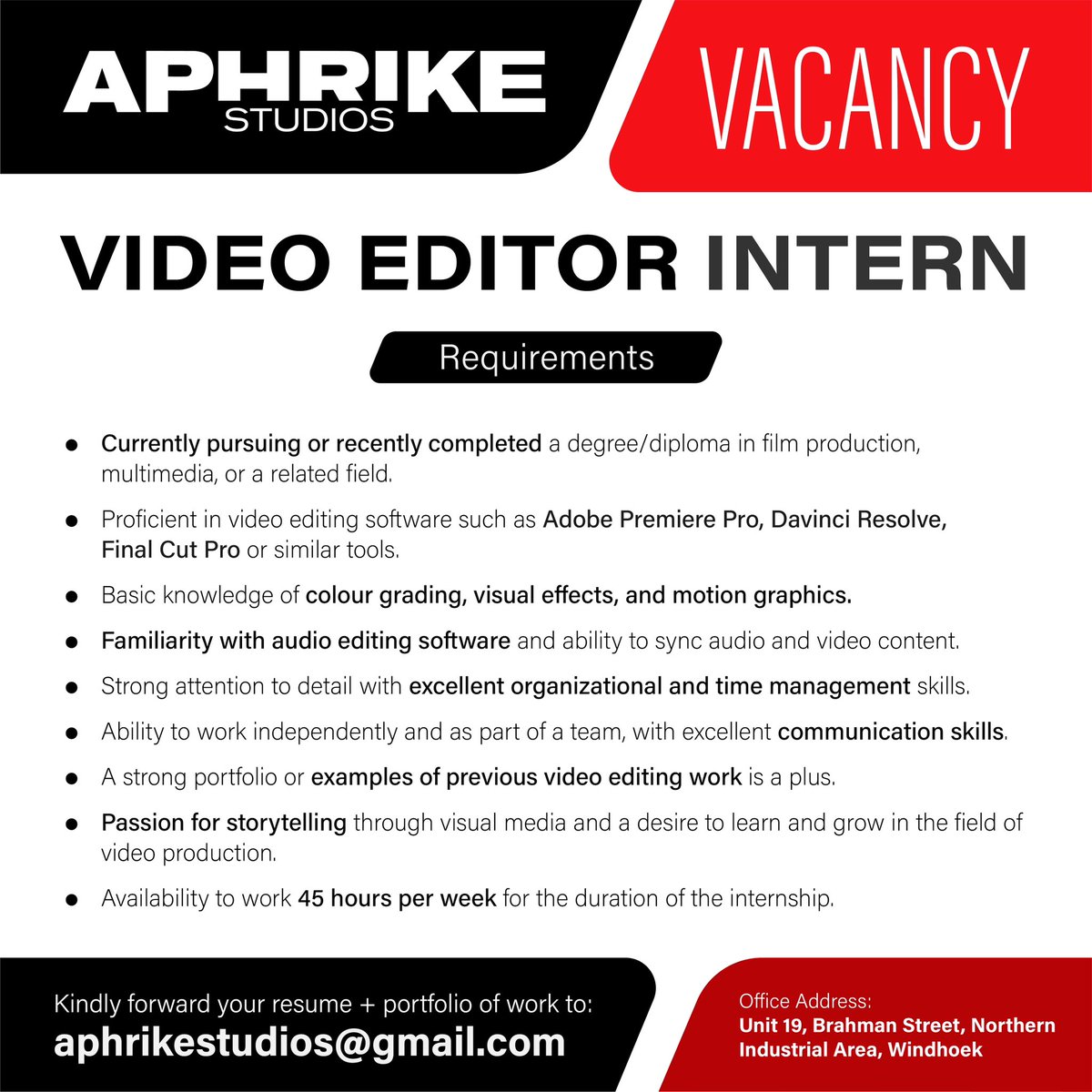 VACANCY - Video Editing Intern! 🎥 Are you a video editor with experience and knowledge of software programs such as After Effects, Davinci & Final Cut? Contact Us Today! @AphrikeStudios