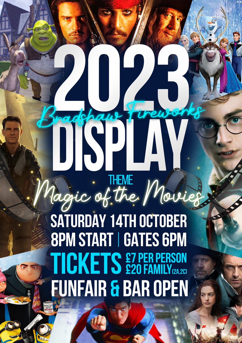 BradshawCricket's tweet photo. 🎇🎆WE’RE BACK FOR 2023!🎆🎇

Saturday 14th October

The only firework display in the area that have fireworks with lighting and music is back for 2023!

This years theme is 🥁🥁🥁…

🪄🎥🍿 Magic of the Movies 🪄🎥🍿

You don’t want to miss it! https://t.co/v7Duk23Kpz