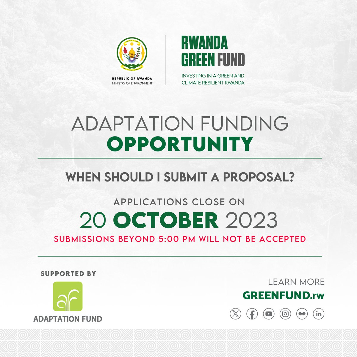 Applications for the <a href="/GreenFundRw/">Rwanda Green Fund</a> Adaptation Funding Opportunity are open!

📆 Check out the timeline below and apply at greenfund.rw/adaptation

#GreenRwanda 🇷🇼🌿