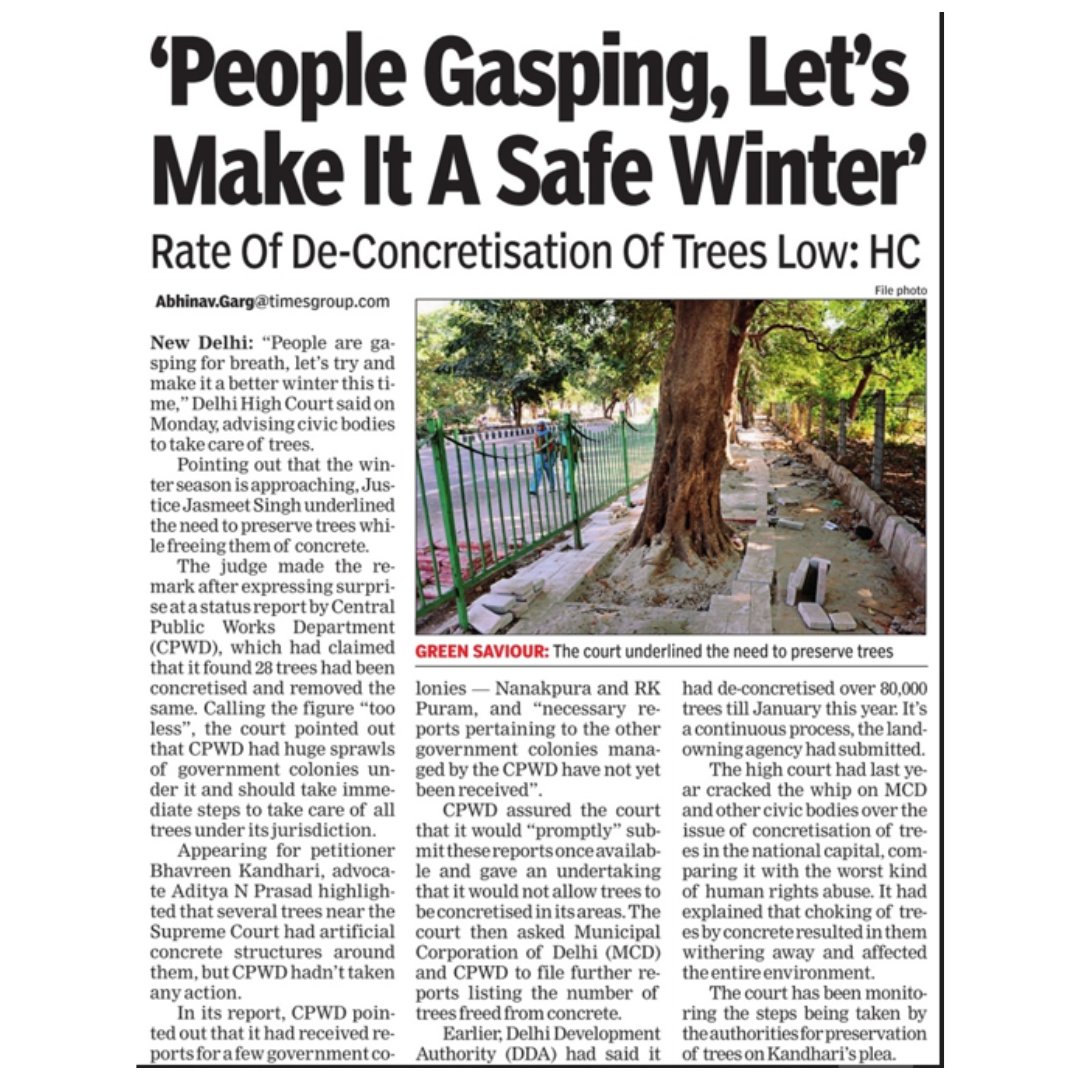 PradipBurmanIND's tweet image. As winter is approaching, the Delhi High Court has called for urgent #TreePreservation. Expressing concern over the concretization of #Trees, the court has urged civic bodies to free trees from concrete and protect them.