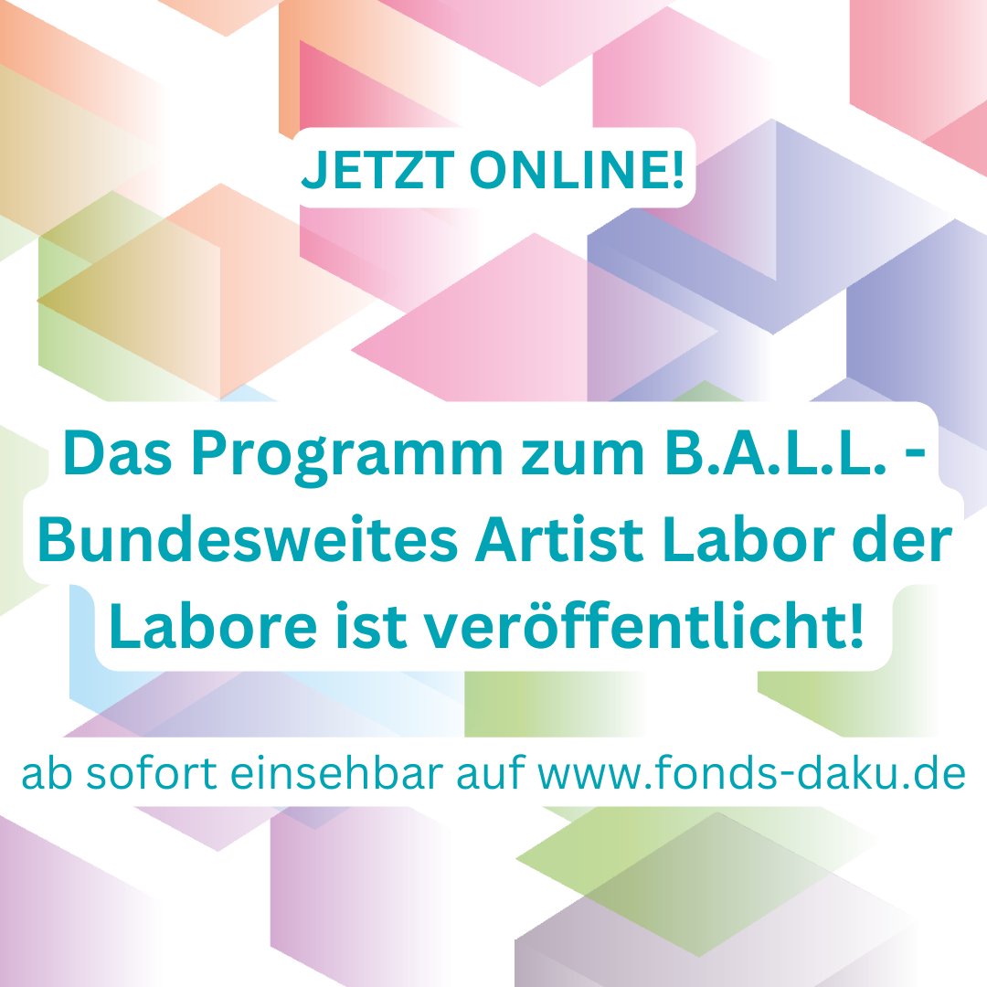Das Programm zum B.A.L.L. - Bundesweites Artist Labor der Labore, das am 20. und 21. Oktober auf Kampnagel stattfindet, ist auf der Website des Fonds veröffentlicht! 

Programm &amp; Anmeldung: fonds-daku.de/events-und-dis…