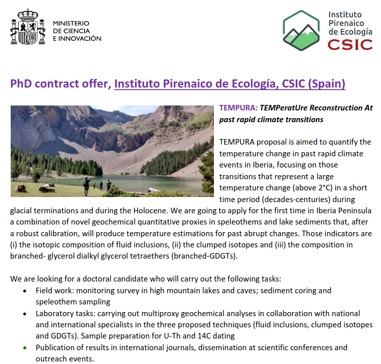 Another great PhD offer to combine geochemistry from speleothems & lakes to reconstruct past temperatures and explore in depth past climate changes! A project led by almighty @amoreno_ana & @Blas_Valero_Gar. Find more details here: saco.csic.es/index.php/s/LP… #PaleoIPERocks @IPE_CSIC