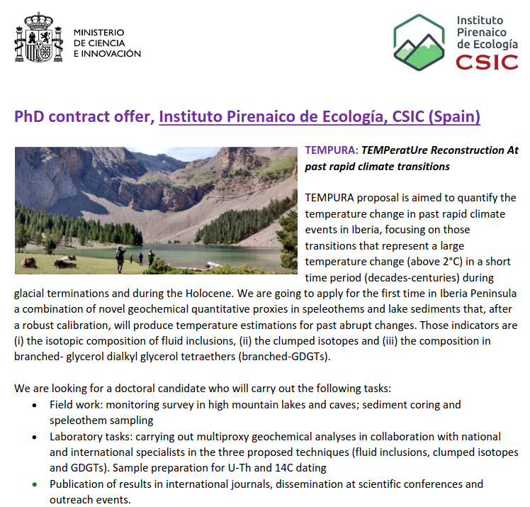 Paleo-IPE (@paleoipe) on Twitter photo Another great PhD offer to combine geochemistry from speleothems & lakes to reconstruct past temperatures and explore in depth past climate changes! A project led by almighty <a href="/amoreno_ana/">Ana Moreno Caballud</a> & @Blas_Valero_Gar. Find more details here: saco.csic.es/index.php/s/LP…
#PaleoIPERocks <a href="/IPE_CSIC/">Instituto Pirenaico de Ecología</a> Another great PhD offer to combine geochemistry from speleothems & lakes to reconstruct past temperatures and explore in depth past climate changes! A project led by almighty <a href="/amoreno_ana/">Ana Moreno Caballud</a> & @Blas_Valero_Gar. Find more details here: saco.csic.es/index.php/s/LP…
#PaleoIPERocks <a href="/IPE_CSIC/">Instituto Pirenaico de Ecología</a>