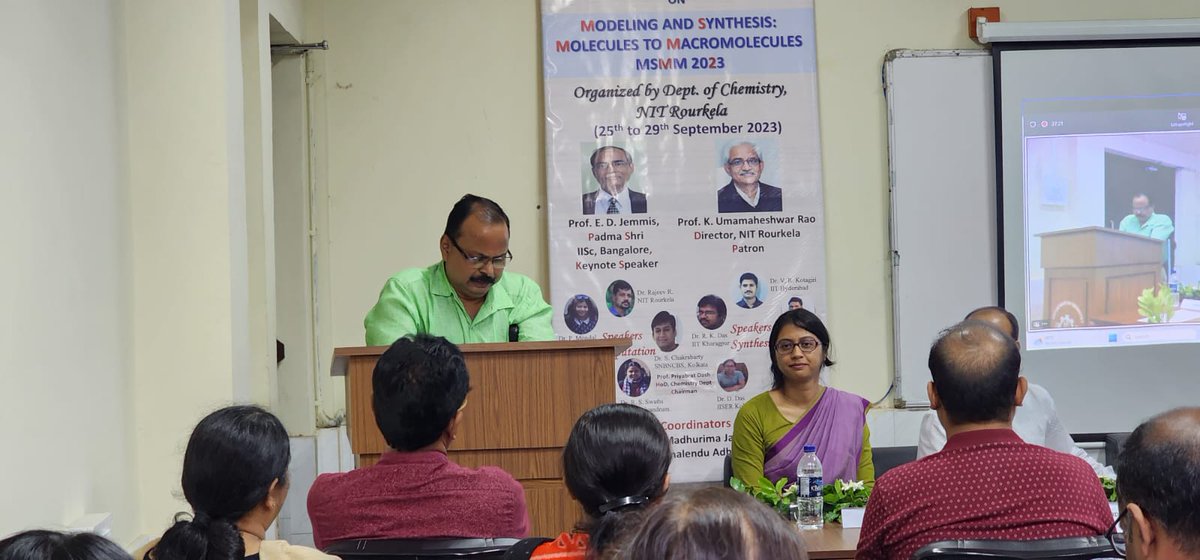 nitrourkela's tweet photo. Department of Chemistry organises @serbonline sponsored workshop on "Modeling and Synthesis: Molecules to Macromolecules -2023" from 25 Sep 2023 to 29 Sep 2023. With more than 150 registered participants, the Chief Guest Prof. Chandan Kumar Sahoo (Director-in-Charger, NIT Rourkela) inaugurated the event. The inauguration ceremony of the event had a virtual presence of Honorary Padma Shri Prof. E. D. Jemmis (IISc Bangalore), who later delivered his keynote lecture. Prof. K. Umamaheshwar Rao also greeted the gathering by sending a video message. 

A total of 13 esteemed faculties from IITs, NITs and IISER and other technical institutions of the country will be delivering their talks throughout this 5-day hybrid mode workshop. Prof. Priyabrat Dash (HOD, Dept of Chemistry) is the Chairperson for hosting the workshop. Dr. Madhurima Jana and Dr. Bimalendu Adhikari are the coordinators of the workshop. Workshop also includes visits by few regional college students for hands on practice in modeling of molecules and sophisticated instruments used.

The workshop aims to provide essential information and understanding to UG and PG students, as well as young researchers and faculty members on the fundamentals of the techniques of modeling including use of artificial intelligence in modeling and synthesis of macro/bio/supramolecules and polymers of biological and material significance.

@EduMinOfIndia