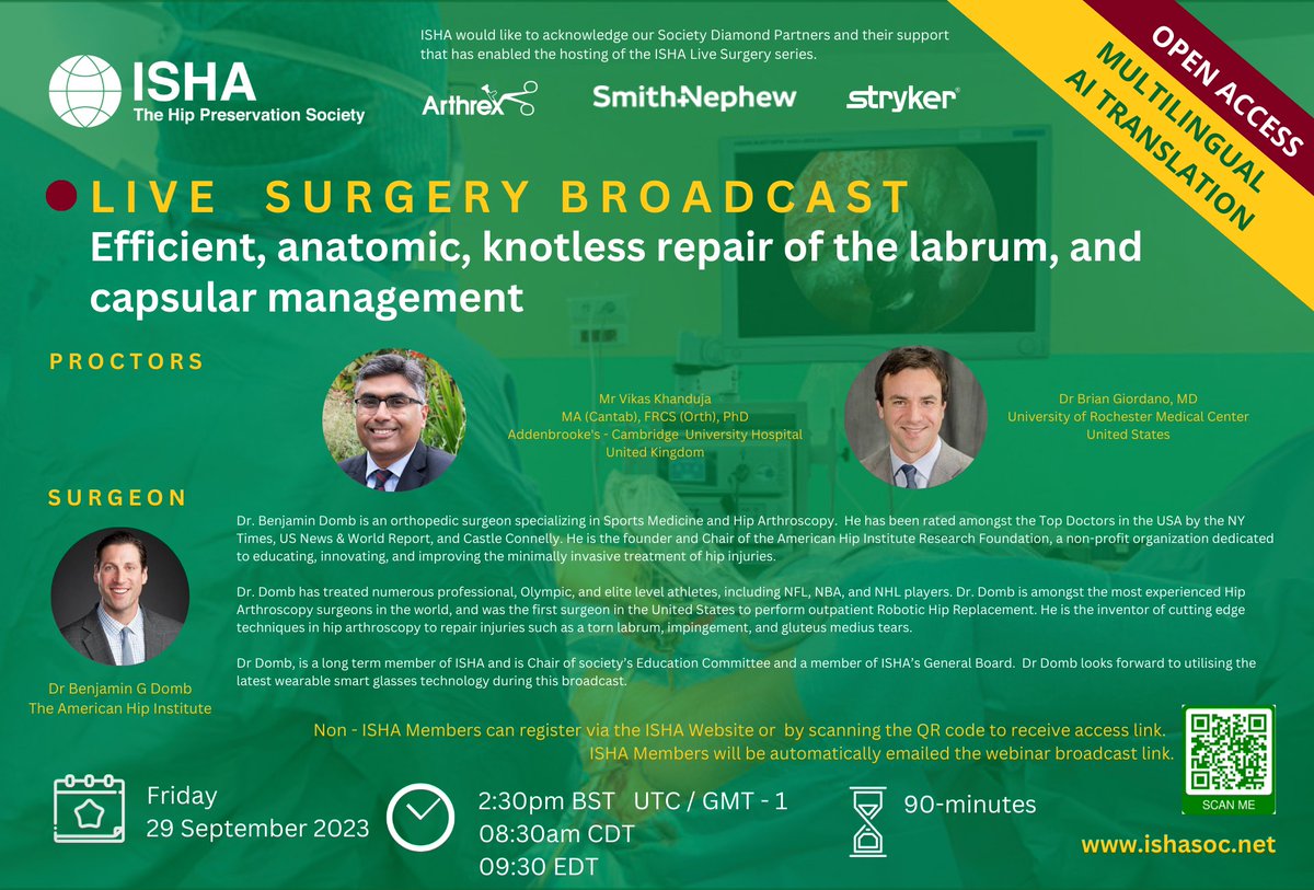 Please join Dr. Benjamin Domb of the #AmericanHipInstitute &amp; the International Society of Hip Arthroscopy (ISHA) #HipPreservation Society, for a #livesurgery on Anatomic Knotless Repair of the #HipLabrum this Friday, September 29th at 8:30 am CDT. 
•
•
•
#BenjaminDombMD #ISHA