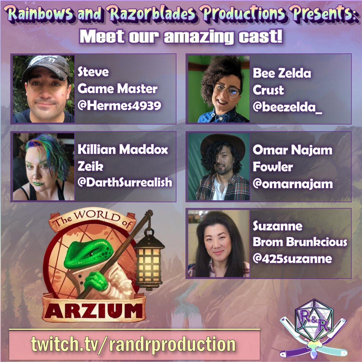 RandRProduction's tweet photo. Meet our cast for The World of Arzium #ttrpg from Red Raven Games (@redravengame)!

Join GM @Hermes4939 along with @beezelda_, @425suzanne, @omarnajam, and @darthsurrealish - see them tonight at 6PM Pacific!

https://t.co/ewYqcthCDn https://t.co/GueEErAoes