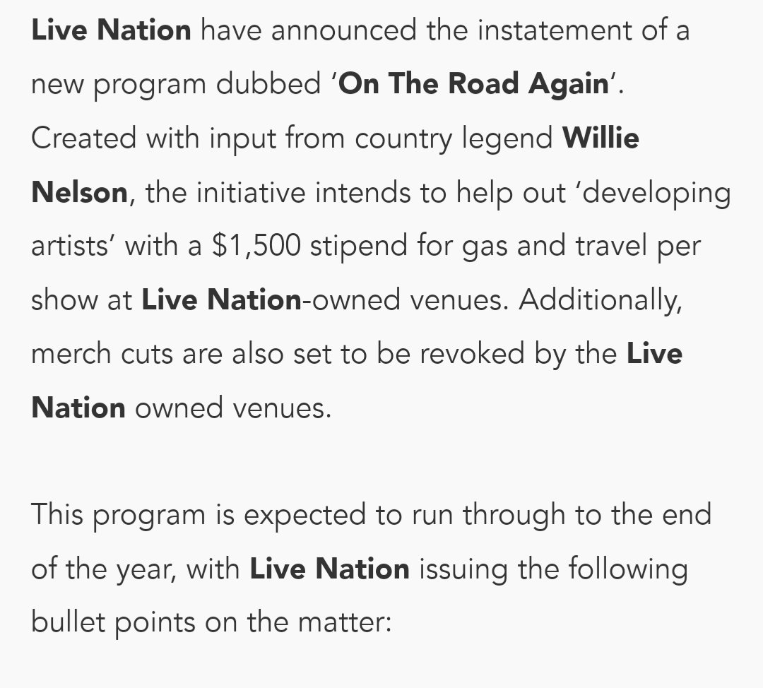 SOTSPodcast's tweet photo. Live Nation has rolled out a plan to eliminate merch cuts and provide a travel stipend for up incoming bands. https://t.co/14hBrbamwZ