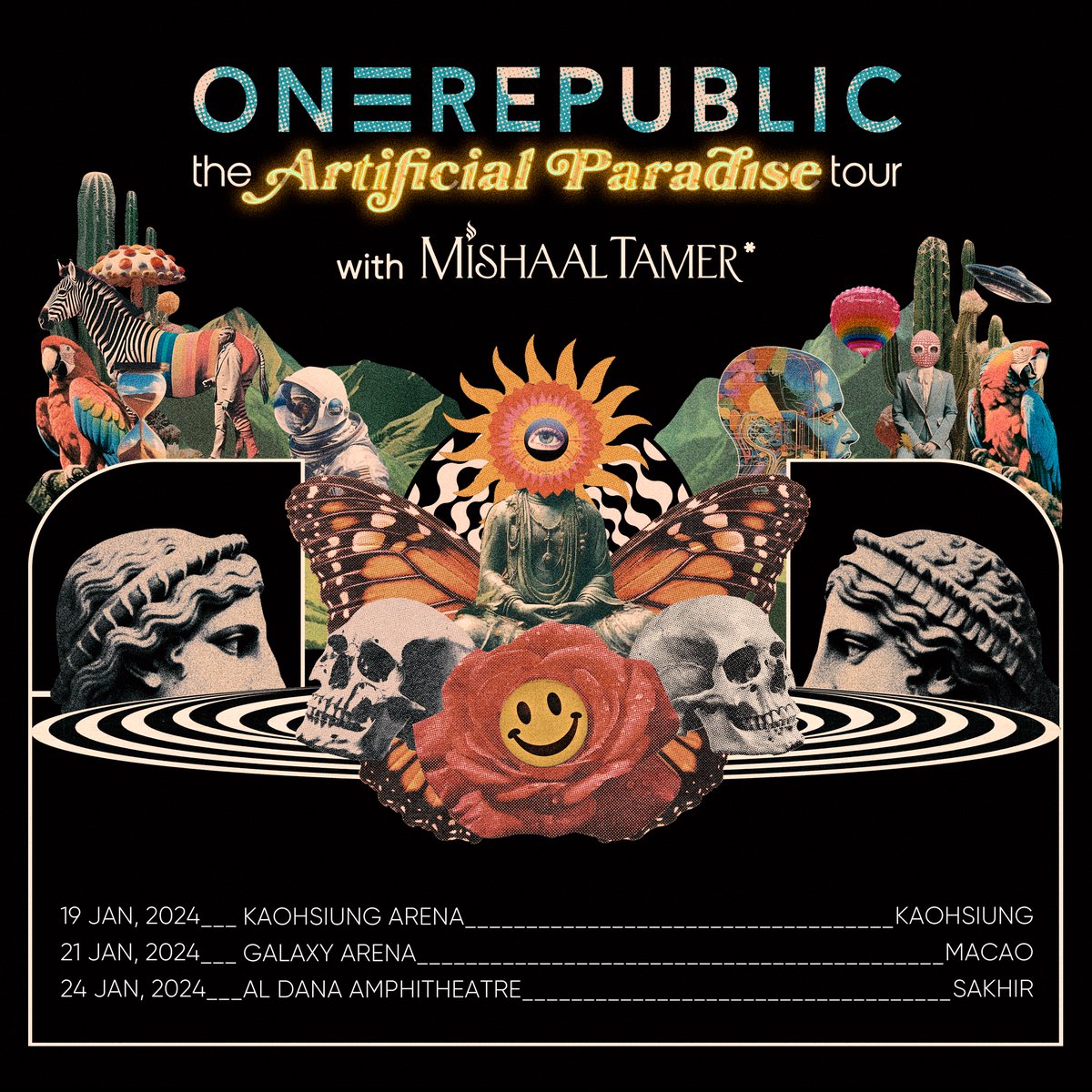 2024 is just around the corner! 👀 Catch us on the Artificial Paradise tour with <a href="/MishaalTamer/">Mishaal Tamer مشعل تمر</a> next year with new dates just being added! 🌺 onerepublic.com/tour