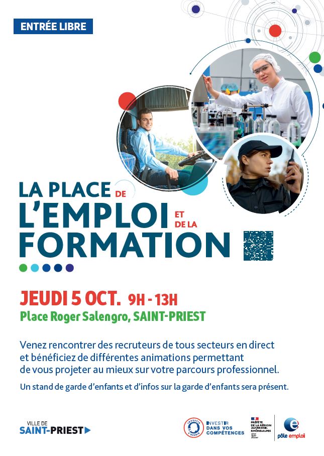 📢📢📢La Place de l'#Emploi et de la #Formation fait escale à St-Priest
📆le 05.10.2023 
⏰de 9h à 13h
📌 Place Roger Salengro
➡️20 entreprises de tous les secteurs
▶️10 organismes de formation 
🔧des conseils: CV, entretiens, ...
📲 pour s'inscrire: bitly.ws/VJCH