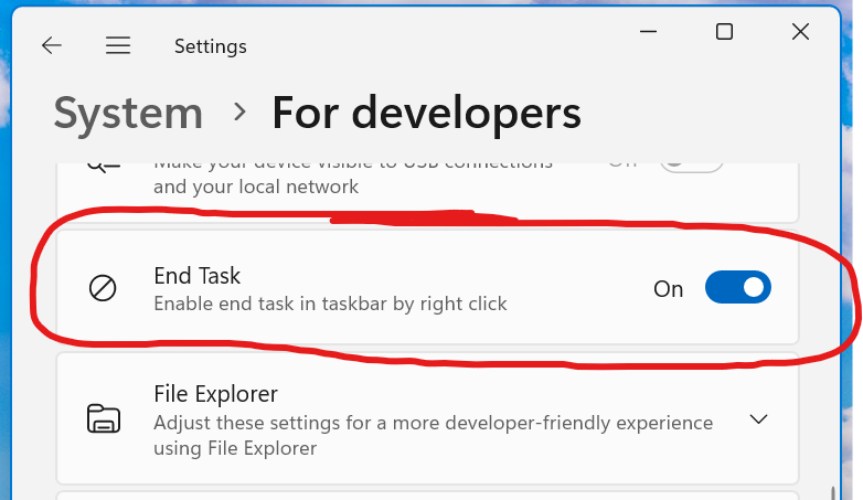 thiojoe's tweet image. The latest windows update today adds a new setting letting you 'End Task' right from the taskbar 👀