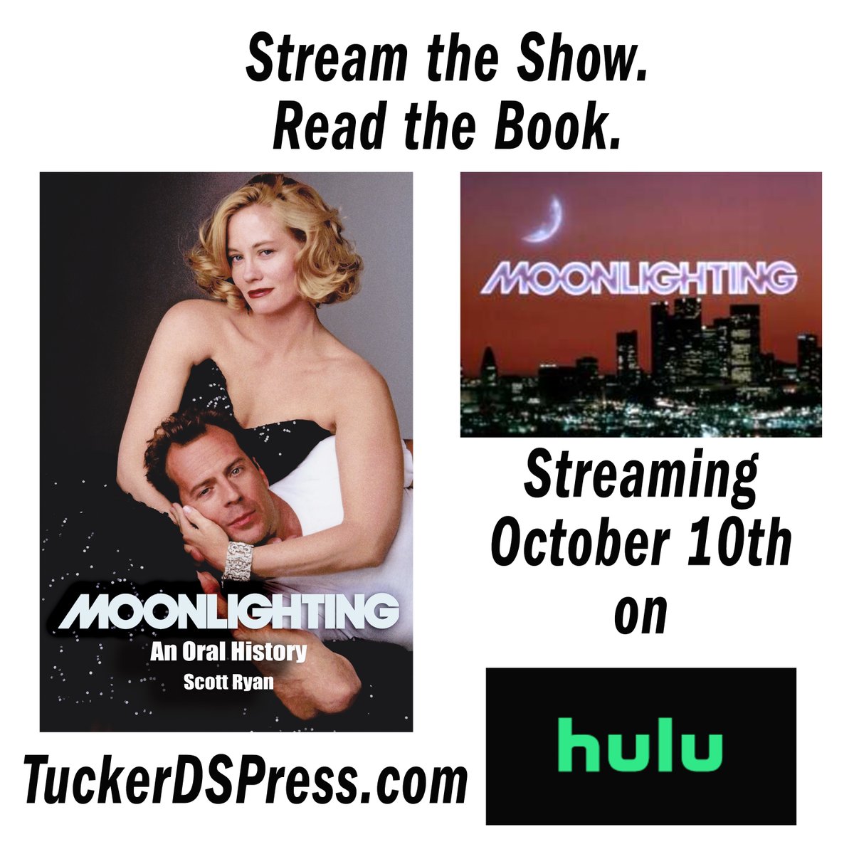 #Moonlighting is back. For the 1st time the 1985 series streams on @hulu starting October 10th. Stream the show. Buy the book. TuckerDSPress.com. Have the book beside you as you rewatch the classic show with #BruceWillis and #CybillShepherd @GlennGCaron @curtisisbooger
