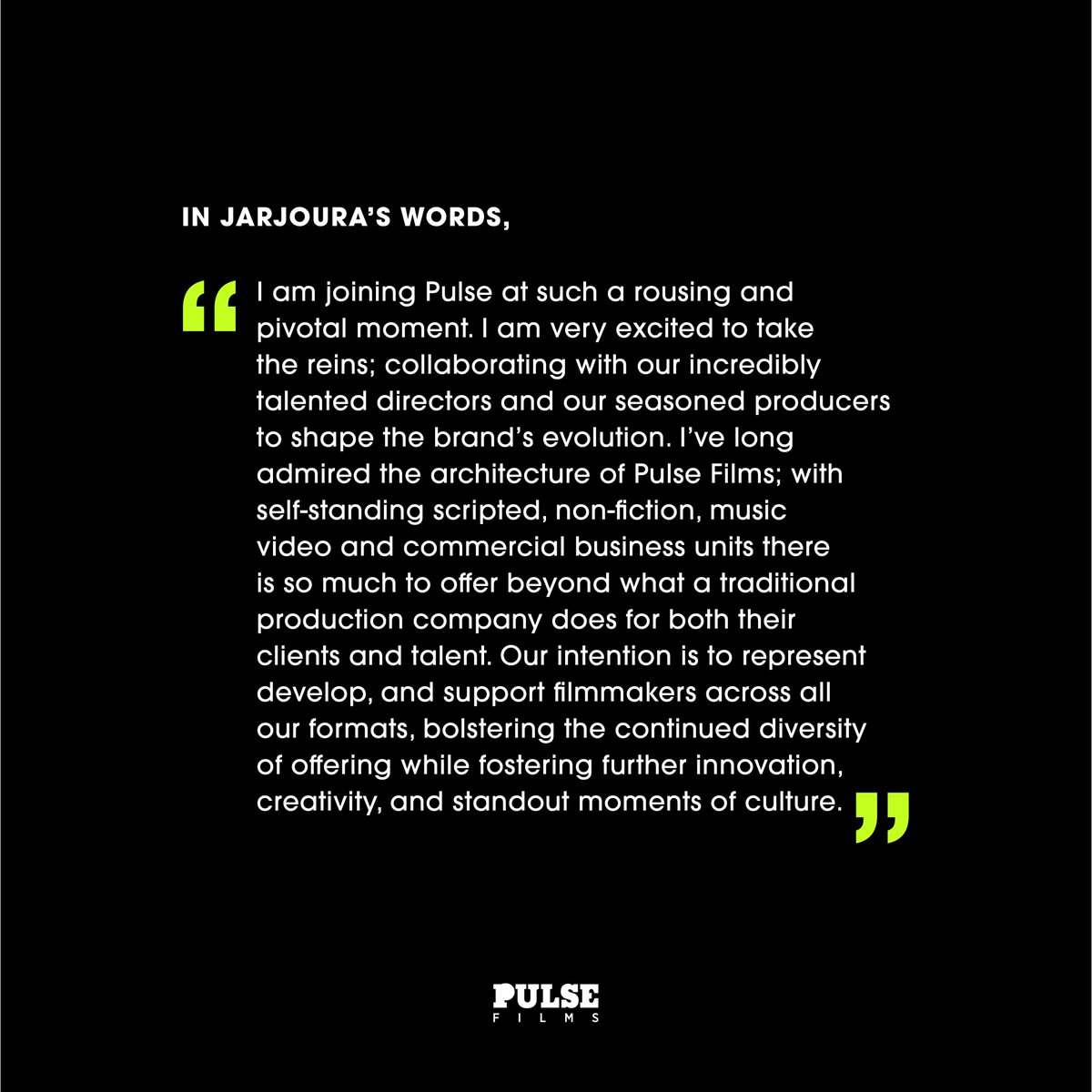 An open arm welcome to Mino Jarjoura who joins Pulse as our new Global President, Commercials &amp; Music Videos. Mino’s career highlights thus far include producing/executive producing 40 Super Bowl commercials and receiving an Academy Award nomination for short film ASAD.