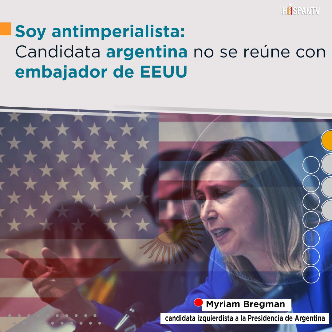 Azucena50043864's tweet photo. ❌❌Myriam Bregman, candidata izquierdista a la Presidencia de Argentina, se niega a reunirse con el embajador estadounidense en Buenos Aires por “razones políticas”. https://t.co/wcFt3CsbIx