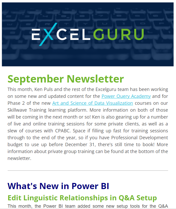kpuls's tweet photo. Hey newsletter subscribers, the Sept edition has just been sent! Want to stay up-to-date on what's new in #Excle and #PowerBI, as well as info on our available courses, upcoming events, and promotions? Sign up at https://t.co/arOsOF8UZE and get our FREE 'DIY BI' eBook series. https://t.co/K6jbS8Rq33