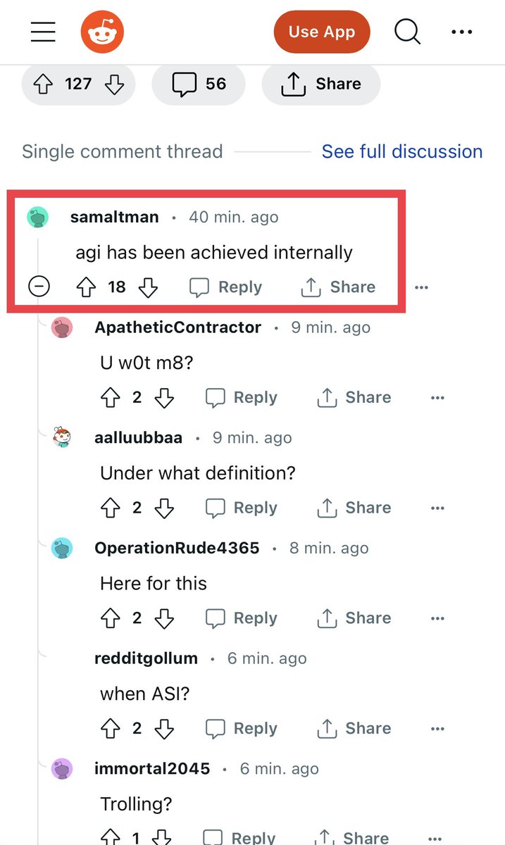 Yampeleg's tweet photo. @sama himself just said “AGI has been achieved internally” on Reddit.

First comment in 7 years.

Source: https://t.co/J0VguWVUQL https://t.co/aB8REwNAYP