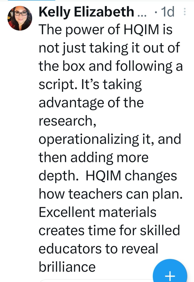 District Leader: Can you give me 1 recommendation? Me: Get High Quality Instructional Materials and give eduactors time to plan for full implementation.

DL: i think we do that.

Me: You don't.

DL: "High quality" is subjective

Me: Results across all subgroups. Not subjective