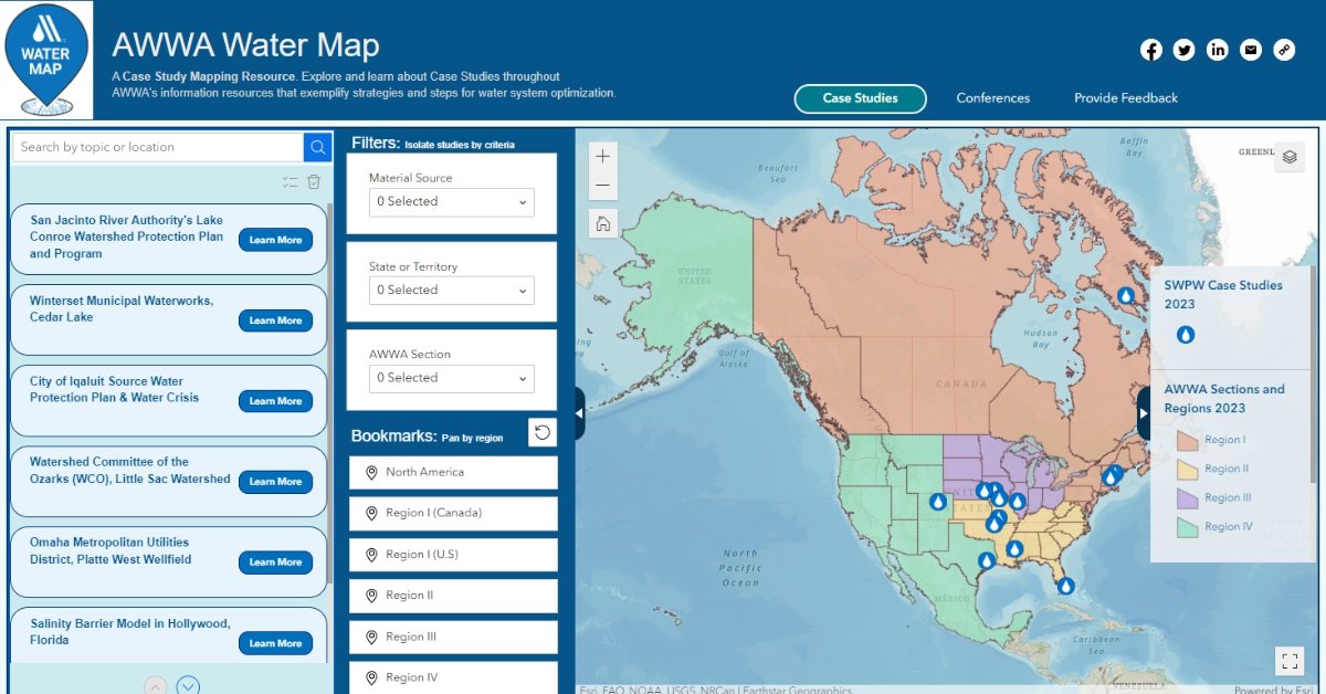 awwa's tweet photo. As part of #SourceWaterProtectionWeek, AWWA is proud to unveil the AWWA Water Map prototype! Dive into successful utility case studies, find AWWA conferences near you &amp; explore your AWWA Section and region. Visit the AWWA Water Map here: https://t.co/XFct3TLniW #ProtecttheSource https://t.co/OQx90lMdDv