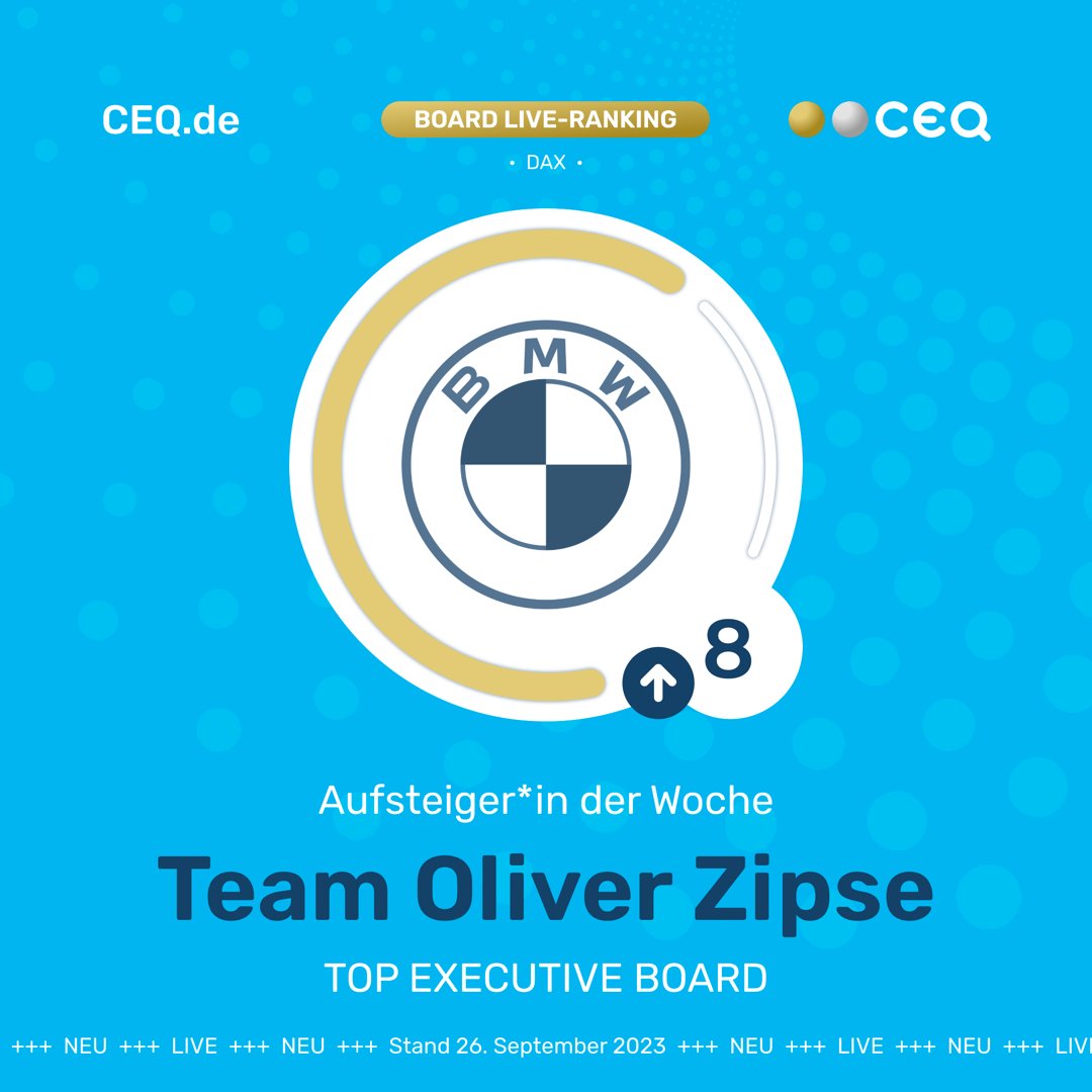 #CEQ präsentiert den 'TOP EXECUTIVE BOARD' - Aufsteiger der Woche im bedeutendsten Aktienindex DAX. (Executive Board Live-Ranking: 26. September 2023)
 
Durch eine geschlossene #TeamPerformance aller 7 Vorstandsmitglieder schafft das Team Zipse von BMW den Sprung in die Top 10 🏆