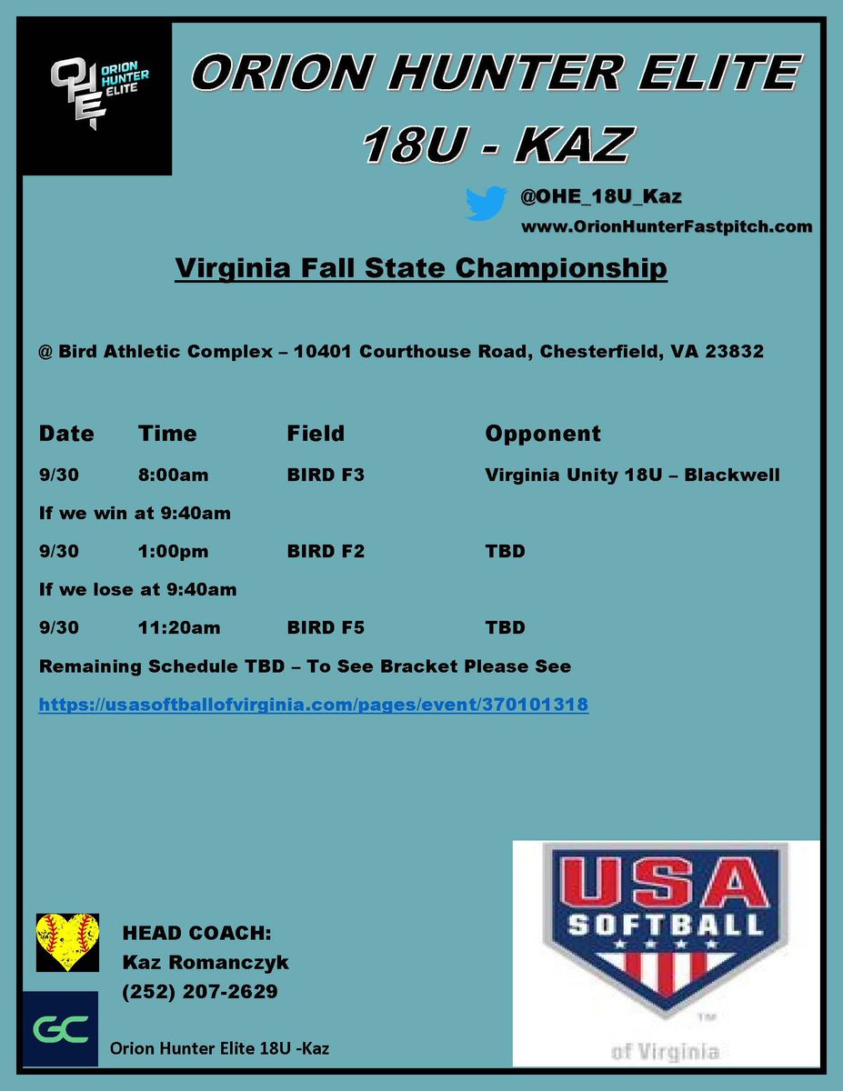 OHE_18U_Kaz's tweet photo. We are Richmond bound this weekend to play in the @USASoftball VA Fall State Championship Tournament! Here is our schedule. If you are in the area, come check us out! We will be at Bird Athletic Complex all weekend. LET'S GOOOO!  #OHE https://t.co/hFUVRm1Yrv