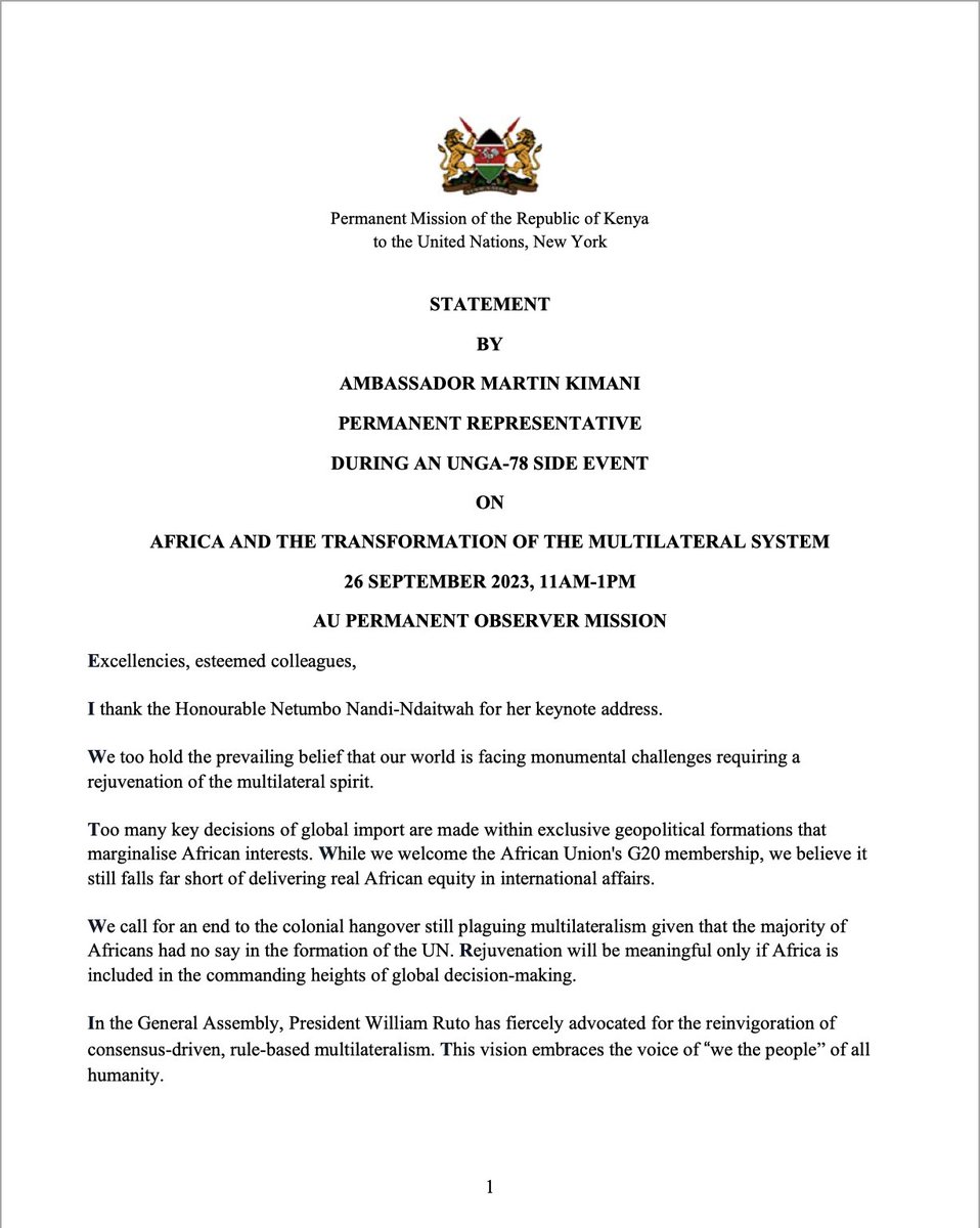 KenyaMissionUN's tweet photo. At an #UNGA side event on Africa and the Transformation of the Multilateral System, held at the @AfricanUnionUN, @AmbMKimani based his remarks on H.E. President @WilliamsRuto’s speech to the General Assembly last week, Highlighting that: https://t.co/jYc3GksSgf