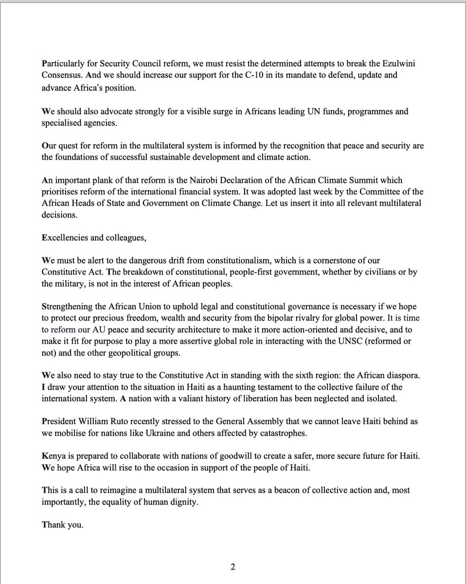 KenyaMissionUN's tweet photo. At an #UNGA side event on Africa and the Transformation of the Multilateral System, held at the @AfricanUnionUN, @AmbMKimani based his remarks on H.E. President @WilliamsRuto’s speech to the General Assembly last week, Highlighting that: https://t.co/jYc3GksSgf