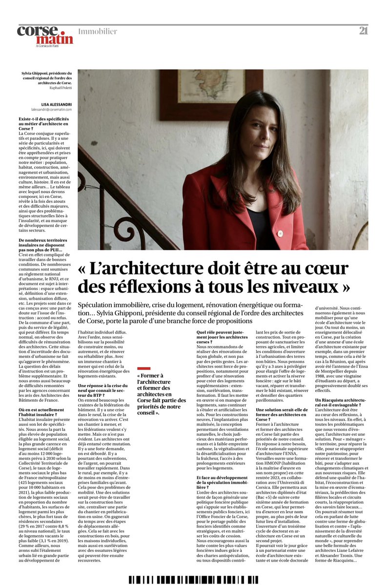 « L’architecture doit être au coeur des réflexions à tous les niveaux »
Spéculation immobilière, crise du logement, rénovation énergétique ou formation… les architectes sont force de proposition.
Mon interview pour le <a href="/CROA_Corse/">Ordre des Architectes de Corse</a> à lire dans @Corse_matin.