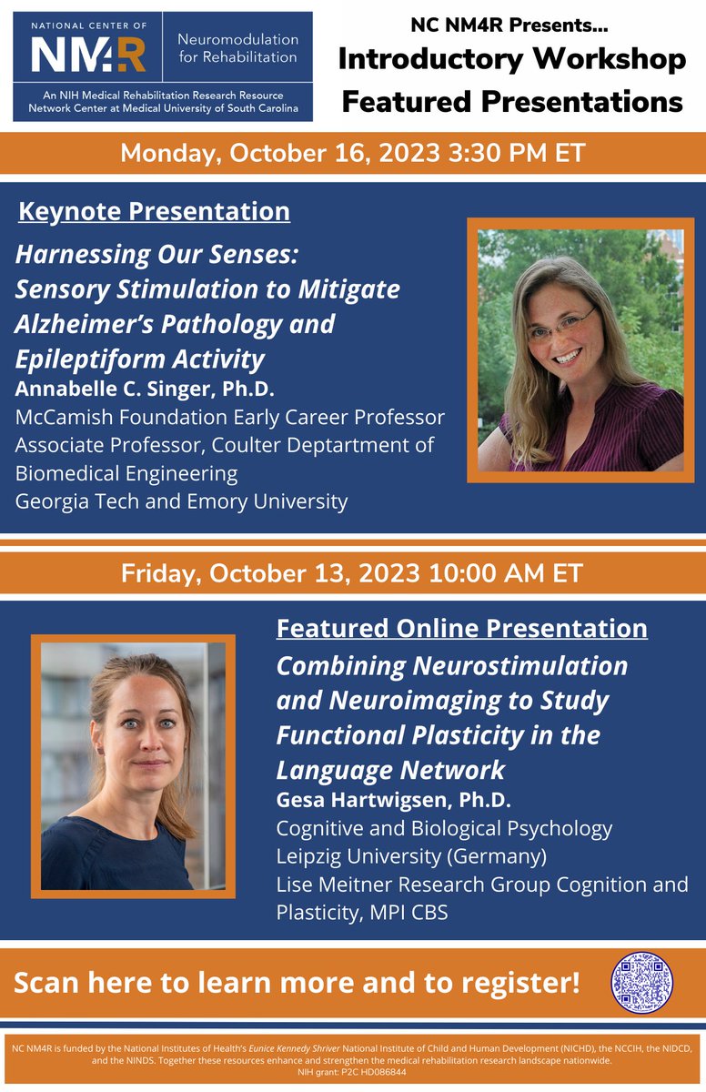 This year's Intro Neuromodulation Workshop will feature a keynote presentation from Dr. Annabelle Singer of Georgia Tech and Emory University and a highlighted online presentation from Dr. Gesa Hartwigsen of Lepzig University. Learn more and register at chp.musc.edu/research/nc-nm…