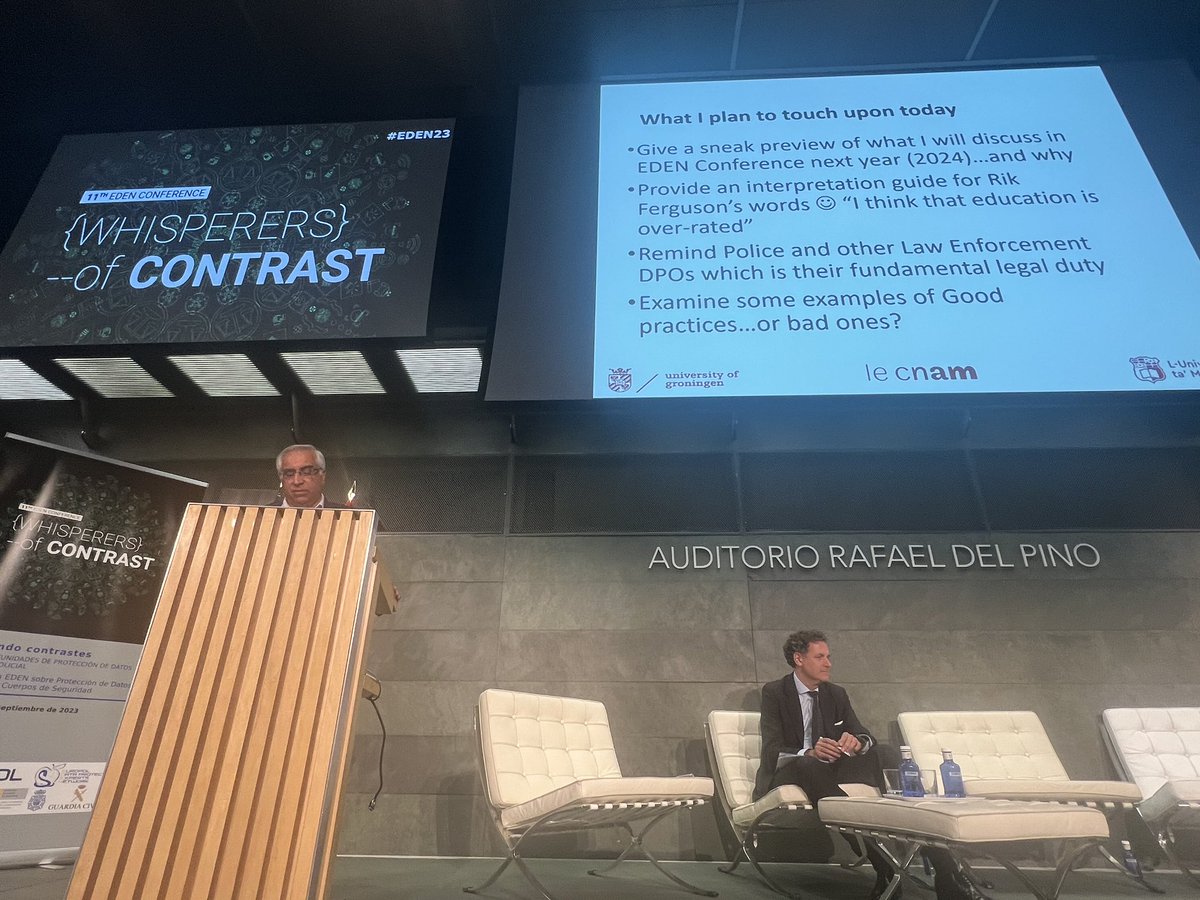 Daniel_Drewer's tweet photo. #JoeCannataci closed the 11th #EDEN conference with a keynote addressing the important role of the #DPO #dataprotection in #lawenforcement and the fruitful and #transparent exchange across various stakeholders at the #EDEN events! #EDEN23 #FreedomAndSecurity #dataprotection https://t.co/nGBOkTj9wG
