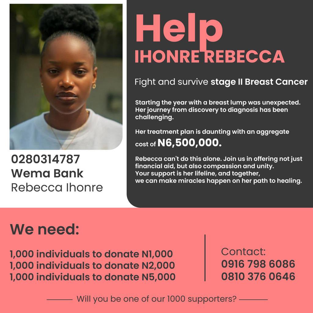 I will be extremely grateful for any help in whatever capacity I can get. Kindly check the details on the flyer, donate if you can, and help share this. Thank you sincerely for reading❤️ #BreastCancer #Cancer #BeccaBeatsCancer #FightAgainstCancer