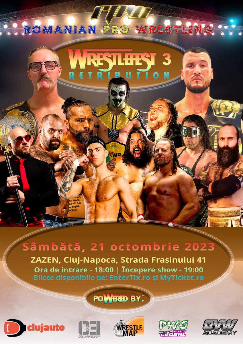 The @RPWRomania WrestleFest 3 OFFICIAL EVENT POSTER! 💥 What a lineup and what a show this is going to be! Starring TOP Professional Wrestlers from North America & across Europe. 🗓 See you in #Cluj #Transylvania on Saturday, October 21st. 🎫 Tickets: entertix.ro/evenimente/177…