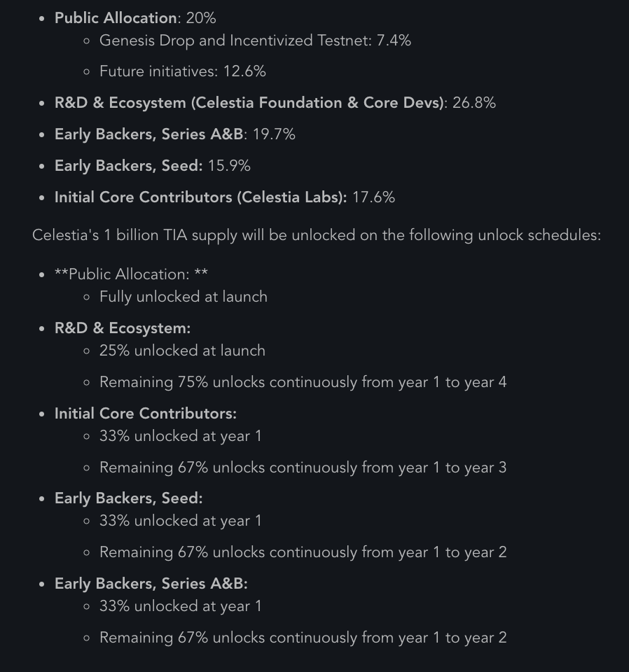 CELESTIA TOKEN LAUNCH DETAILS TIA token ~ TIA is the native asset of  Celestia that will be used for participation in network consensus, and  protocol and community pool governance. ~ TIA will