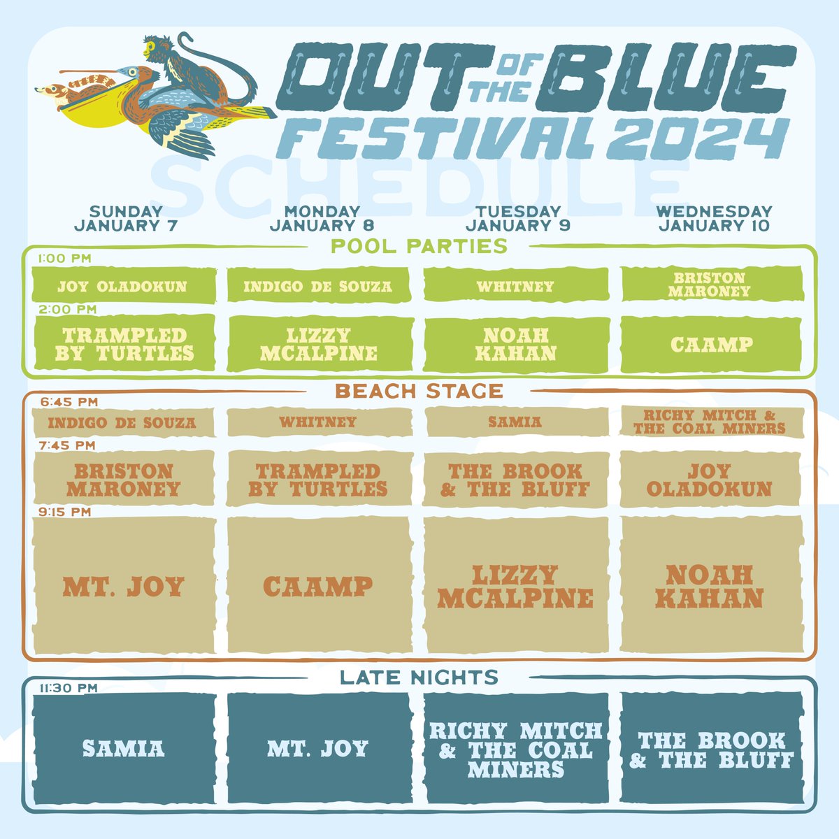 outoftheblufest's tweet photo. All of your favorite artists together in paradise. 🌤️🦤🐒  Select #OutoftheBlueFest packages remain: https://t.co/pouUnuPmIF https://t.co/rQXJ5wZi6d