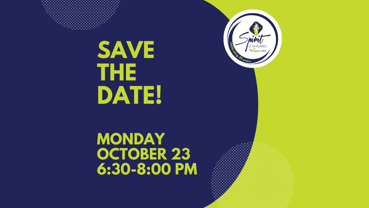Save the date! We will be livestreaming the awards from the Bank of NH Stage in Concord! 

Read about all 70 of our incredible Spirit of NH awardees here: volunteernh.org/award-recipien…