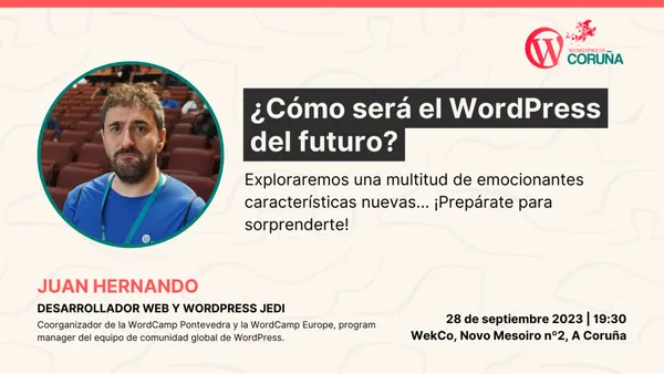 🗓️ Este jueves 28 de septiembre a las 19:30 tendremos una charla con Juan Hernando (<a href="/ciudadanoB/">Juan Hernando</a>) donde explicará qué se viene en el futuro de #WordPress y cómo te va a afectar. 

⬇️ ¡Apúntate, sólo hay 30 plazas!  
meetup.com/wordpresscorun…

Te esperamos en #WeKCo