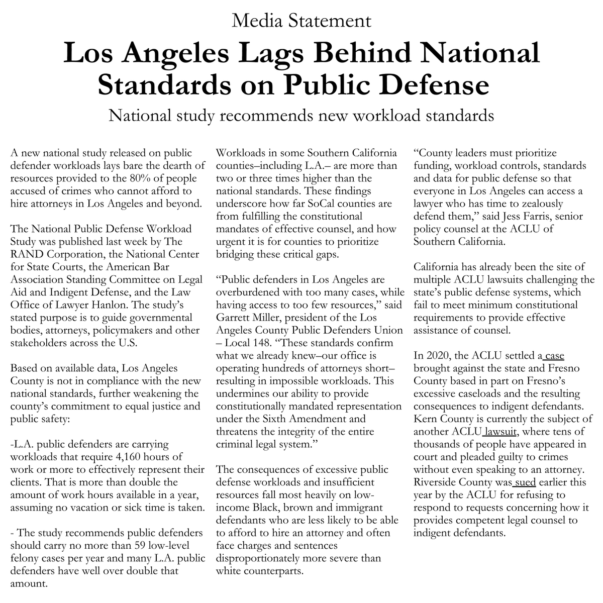 LApubdefunion's tweet photo. Los Angeles is way behind national standards on #publicdefense. This crisis compromises our clients' constitutional right to legal representation and it undermines trust in the legal system. Media statement with @ACLUSoCal: https://t.co/K6CgGJGS1k https://t.co/WM5tPcuQkT