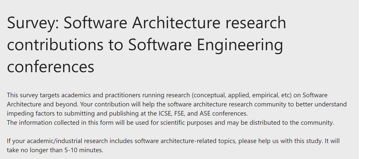 muccinihenry's tweet photo. Is your research or practice related to software architecture?

If so, please help us better understand how software architecture research can be better represented at software engineering conferences.

The survey will take 5-10 minutes.
URL https://t.co/szwyQ76EnA https://t.co/RP9oUBgGz7