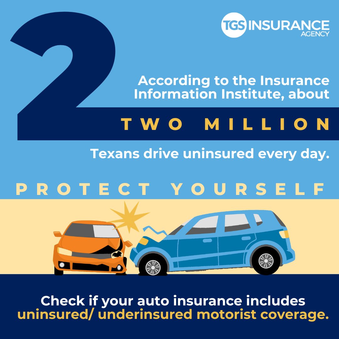 TGSInsurance's tweet image. Car accidents happen. With about 2️⃣ million uninsured drivers on Texas roads per day, you can't count on the other driver's insurance to cover your repairs. 💡 Learn about uninsured/ underinsured motorist coverage today: bit.ly/3Puuadz ✅ #autoinsurance #tgsinsurance