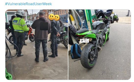 Surrey RoadSafe 

Group of bikers stopped in Dorking on Sunday #VanguardRST.

Education given to the whole group due to the manner of riding as they were seen to speed and undertake. In addition, 2x s59 issued and 2x number plate offences, so FPNs issued.

#VulnerableRoadUserWeek