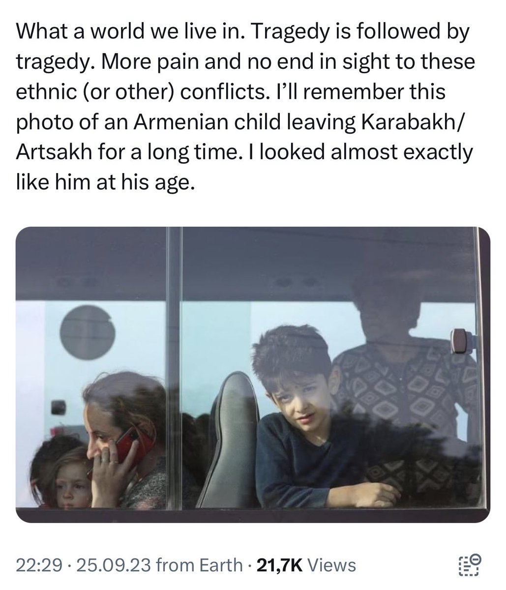 phdborge's tweet photo. I see many paid experts share this child’s photo. Fortunately he has a van to go in, Armenians treated our children inhumanly. They didn’t have a vehicle to go, all they frozen on the road while fleeing Armenian massacre. 
Thus, one way sympathy is not a sympathy but a hypocrisy https://t.co/DkCFC3lO20