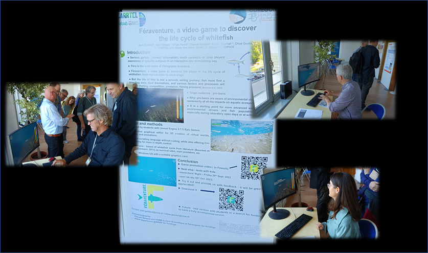 Poster session of the <a href="/coregonid_isbmc/">Coregonid 2023</a> with the presentation of #Féraventure video game . The first testers @dvm_uvm <a href="/airydunlop/">Erin S Dunlop</a> #JanBaer. Next step : tests with kids. Video game developed by <a href="/UmrCarrtel/">UmrCarrtel</a> <a href="/INRAE_Clermont/">INRAE Clermont Auvergne-Rhône-Alpes</a> <a href="/Univ_Savoie/">UnivSavoieMontBlanc</a>