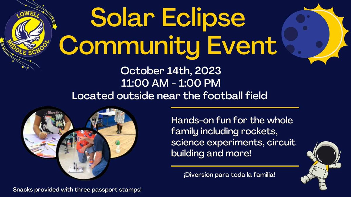 Join us on October 14th for our Solar Eclipse Community Event!  We will have hands on STEM activities for the whole family to enjoy!  We can’t wait to see you all there!
