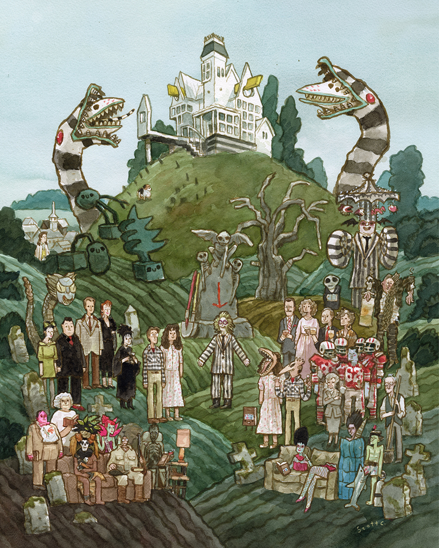 scottlava's tweet photo. "The Deceased And The Not Yet Deceased" is here for your ghostly eyes! Where the rolling hills of the living meet the rolling hills of the dead. 

This 16 x 20 inch timed edition print is available right now in the Scott C Shop! 

(Link in Bio) https://t.co/fAo676CHu1