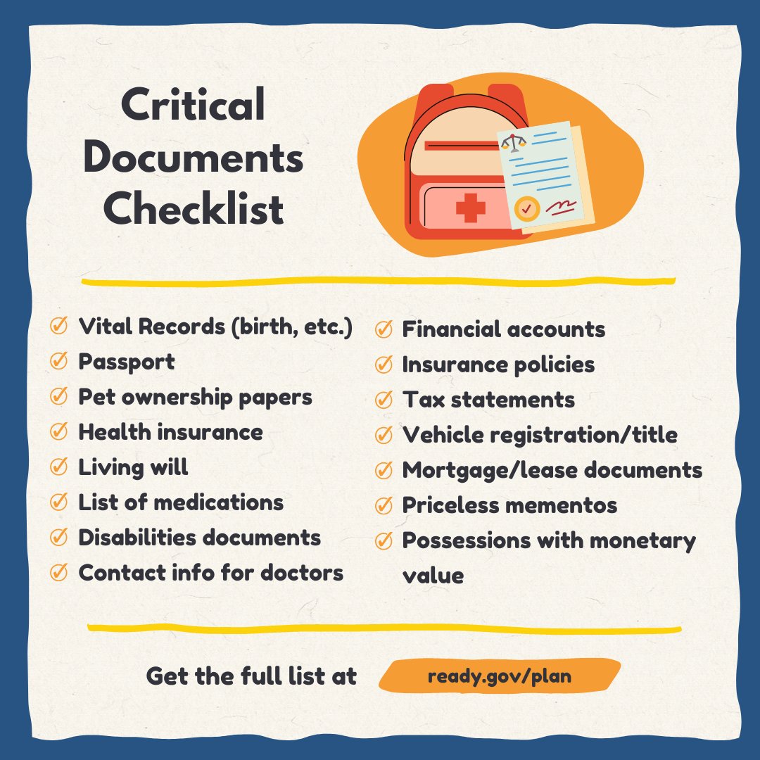 Having your financial and medical records and important contact info will be crucial to help you start the recovery process quickly following a disaster. 
Visit ready.gov/financialprepa…
for guidance on safeguarding these important documents.
#nationalpreparednessmonth #readygov
