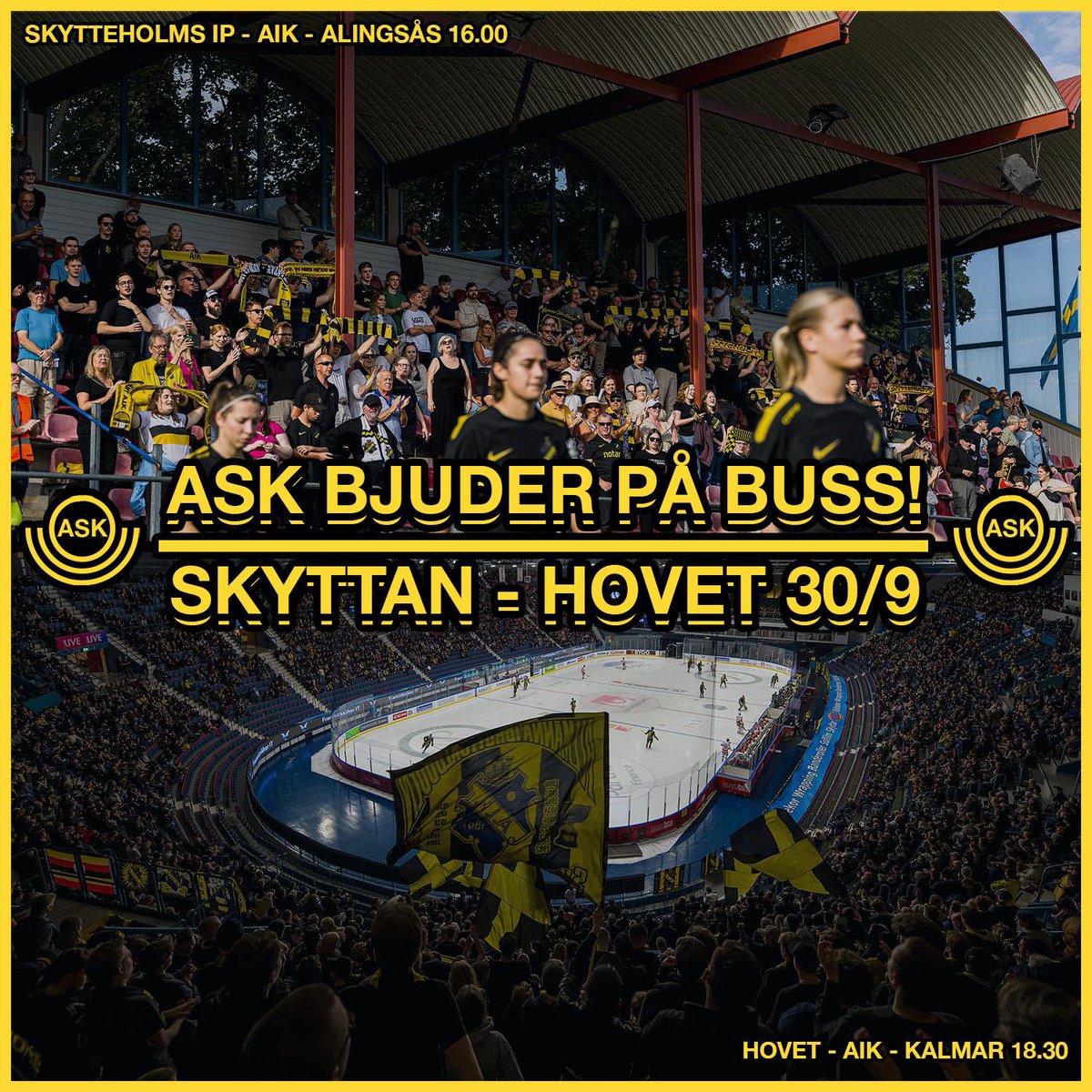 På lördag är det match på Skytteholm klockan 15.00 med @aikfotbolldam och sen hockey på Hovet med @aikishockey mot Kalmar vid 18.30!

Vi i ASK vill nu underlätta för alla medlemmar som vill se både fotbollen och hockeyn. Åk med gratisbussen och anmäl er på länken.