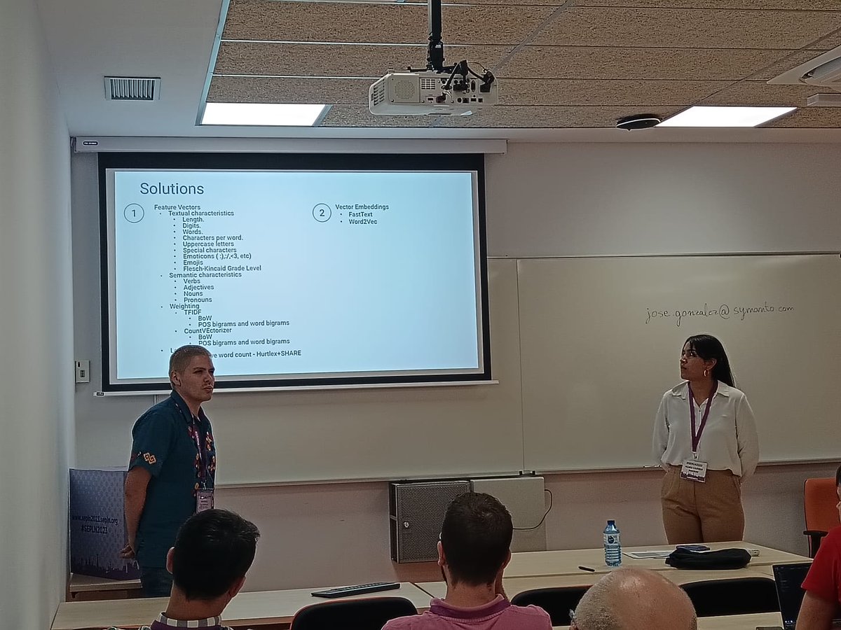 sepln's tweet photo. 📢 Finalizamos con Mari Carmen Aguirre y Ángel Cadena de la universidad @UNAM_MX que nos presentan su participación en HUHU “Using Vector Embeddings and Feature Vectors to Humor Identification”

#sepln2023 #iberlef2023 https://t.co/fUacmHMXLn