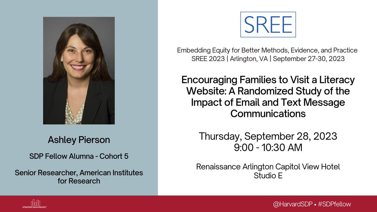 Will you be at #SREE2023? This Thursday, join #SDPfellow alumna Ashley Pierson's presentation: Encouraging Families to Visit a Literacy Website: A Randomized Study of the Impact of Email and Text Message Communications
<a href="/sreesociety/">SREE</a>